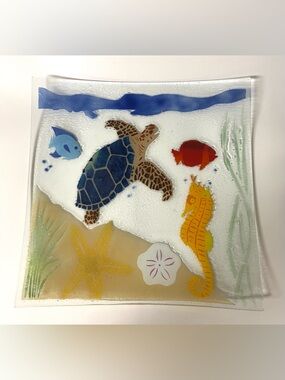 Fused Art Glass 'Under the Sea' William McGrath Serving Platter Tray 10x10 in